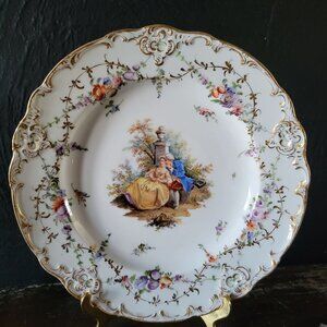 Antique Meissen Deep Plate Courting Couple Romantic Scene Floral Design 8.75"